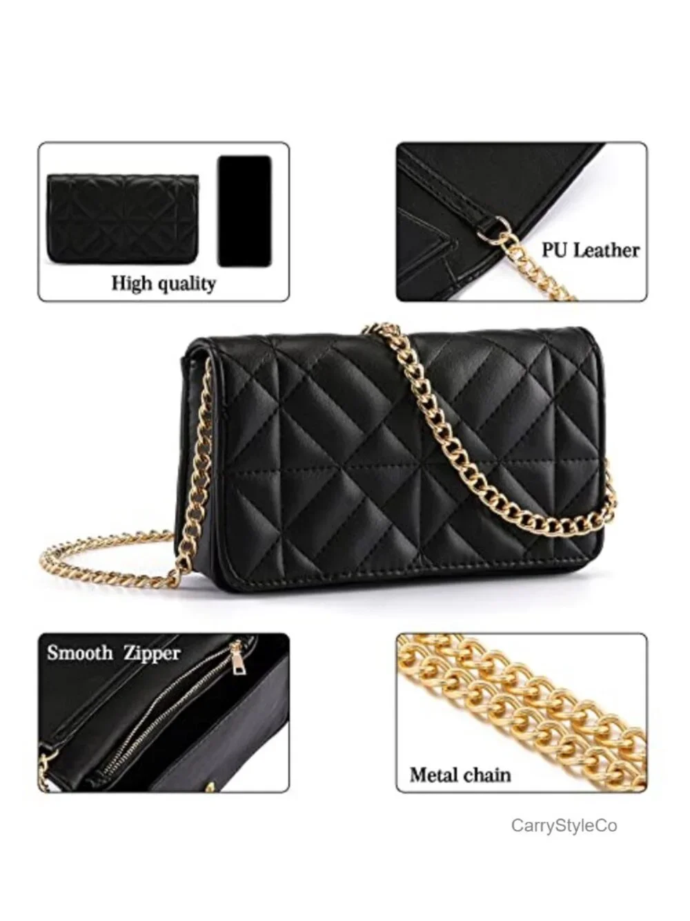 Quilted Faux Leather Crossbody Bag with Gold Chain, Satchel Handbag
